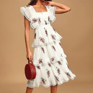 Lulu’s Thriving Romance White Floral Print Tiered Midi Dress